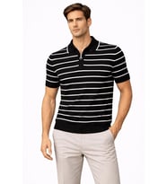 Engezi Erkek Triko Polo Yaka Fermuarlı Çizgili Tişört T-Shirt Yazlık Şık - Siyah