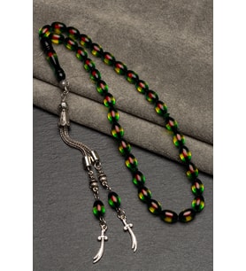 Erkek 7x11mm Zülfikar Kılıcı Tasarım Yeşil Sarı Kırmızı Sürmeli Toz Kehribar Tesbih (Çok Renkli)