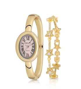 Polo Air Kelepçeli Oval Kasa Kadın Kol Saati Yıldız Bileklik Kombin Gold Pembe Renk PL-1589B5 (Pembe-Altın)
