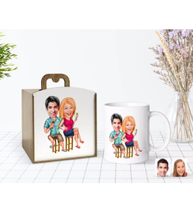BK Gift Kişiye Özel Ahşap Kutuda Sevgililer Karikatürlü Beyaz Kupa Bardak-51