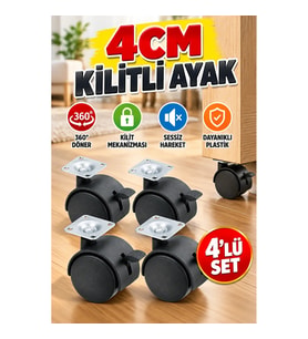 4 cm Kilitli 360° Döner Mobilya Tekerleği – Sehpa ve Ekipman İçin 4’lü Set