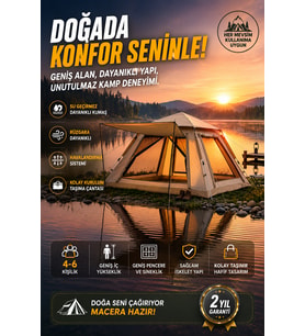 Otomatik Kamp Çadırı 240x240x160 cm 6 Kişilik Geniş Hacimli Güneşlikli