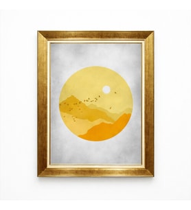 Tablore Altın Çerçeveli Boho Minimalist Sarı Güneş Ve Kuşlar Dağ Manzaralı Duvar Tablosu Modern Kanvas