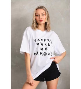 Unisex Baskılı Oversize T-Shirt - Beyaz