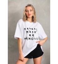 Unisex Baskılı Oversize T-Shirt - Beyaz