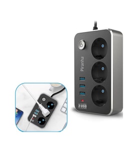 Isıya Dayanıklı Termal Akım Korumalı 2 Mt 10A 2500W 3lü Priz ve 3 Usbi 2.1A Uzatma Kablosu (5343)