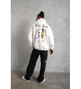 Erkek Kapüşonlu Kanguru Cepli Sweatshirt 3 İplik Pamuklu Baskılı Hoodie - Beyaz
