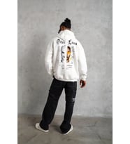 Erkek Kapüşonlu Kanguru Cepli Sweatshirt 3 İplik Pamuklu Baskılı Hoodie - Beyaz