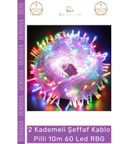 Dekoratif Renkli Yılbaşı Parti Pilli Led 10m 60 Led RGB 2 Kademeli Şeffaf Kablo Pilli