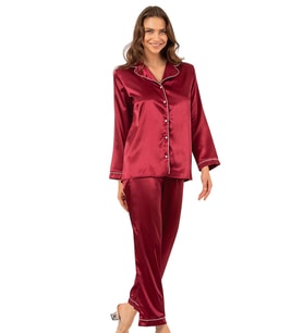 Biyeli Uzun Kol Saten Önden Düğmeli Pijama Takımı  Bordo 7647