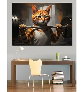 Ağırlık Kaldıran Kaslı Modern Kedi Dekoratif Kanvas - Mdf Ahşap Tablo