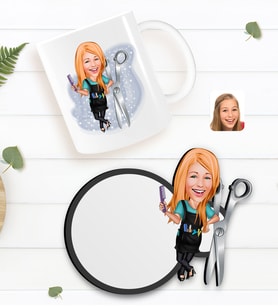 BK Gift Kişiye Özel Kadın Kuaför Karikatürlü Beyaz Kupa ve Ahşap Bardak Altlığı Hediye Seti-1
