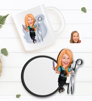 BK Gift Kişiye Özel Kadın Kuaför Karikatürlü Beyaz Kupa ve Ahşap Bardak Altlığı Hediye Seti-1