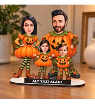 Kişiye Özel 4 Kişilik Cadılar Bayramı Karikatür MDF Karikatürlü 18 cm MDF Masaüstü Biblo - Aile Hediyesi Anne Baba ve Aileye Hediye