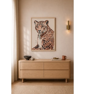 Pudra Leopar Boho Portre Ahşap Çerçeveli Duvar Tablosu