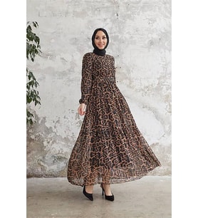 Neşeli butik kadın leopar desenli ithal kumaş tesettür şifon elbise SMS028
