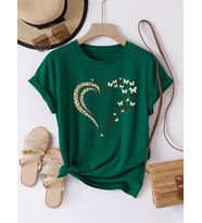 Unisex Leopar Kelebekli Kalp Tasarım Basklı Tshirt (Yeşil)