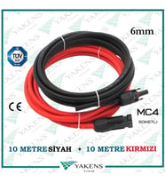 Mc4 Soketli (10m+10m) 20 Metre 6mm Güneş Paneli Hazır Solar Kablo Siyah Kırmızı