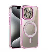 iPhone 15 Pro Max Kılıf Pırlanta Taş Tasarımlı M-safe Şarj Özellikli Karetta Silikon Kapak (Rose)