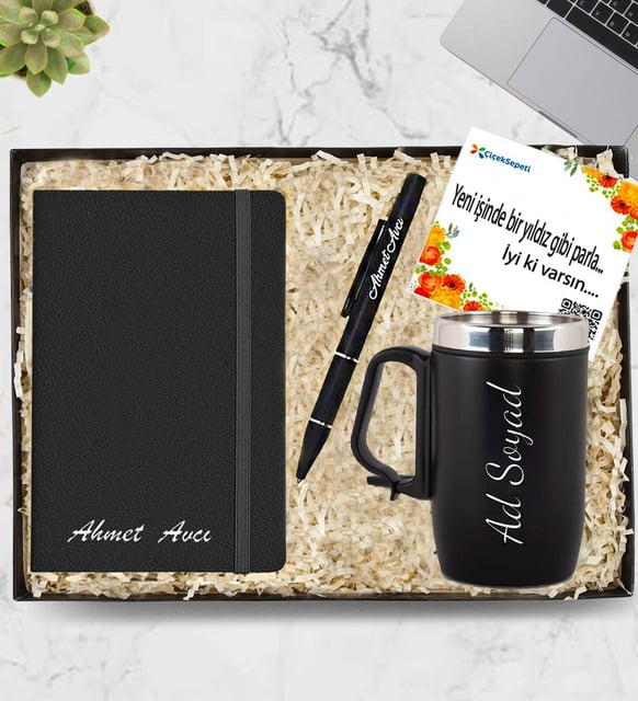 Kişiye Özel Defter & Kişiye Özel Kulplu 280 ML Çelik Termos & Gümüş Renk Detaylı