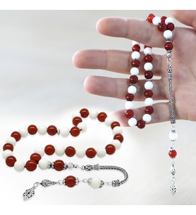 925 Ayar Gümüş Foxtail Zincir Püsküllü Küre Kesim Kırmızı Beyaz Jade Akik Doğaltaş Taraftar Tesbih
