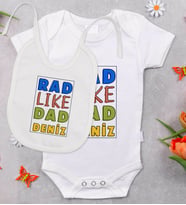 BK Kids Kişiye Özel Rad Like Dad Tasarımlı Bebek Body Zıbın ve Mama Önlüğü Hediye Seti - Model 1