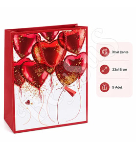 23x18 cm İthal Kırmızı Kalpli Hediyelik Kağıt Çanta 5 Adet