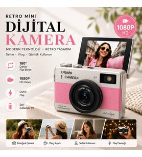 Retro Mini Dijital Kamera 1080P HD – 180° Döner Ekran, Selfie Vlog Kamerası, Dahili Flaş ve Filtre Efektleri