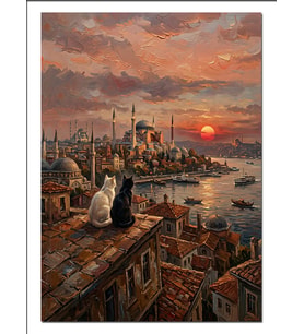 İstanbul Gün Batımı Ve İki Kedi Dekoratif Kanvas - Mdf Ahşap Tablo