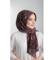 Kahverengi Pratik Hazır Geçmeli Tesettür Eşarp Kesik Elyaf Piliseli Çiçek Desenli 1818D6_14