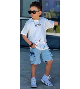 Cg Kids Future Baskı Basic Mavi Komando Cepli Şort Erkek Çocuk Alt Üst Takım (Beyaz)