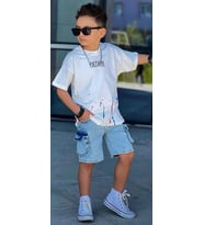 Cg Kids Future Baskı Basic Mavi Komando Cepli Şort Erkek Çocuk Alt Üst Takım (Beyaz)