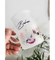 İsme Özel Kişiye Özel Buzlu Cam Renkli Çiçek Desenli Çay Bardağı Çay Fincanı