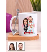 Çiftlere Özel Komik Hediye Gelin Damat Karikatürlü Ahşap Altlıklı Beyaz Kupa Bardak