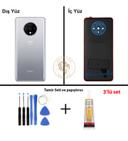 One Plus Vida Seti + Yapıştırıcı One Plus 7T Gümüş Yapıştırıcı B-7000 Yapıştırıcı Vida Seti Arka Kapak Arka Cam Batarya Kapağı Lazer Kesim Kapak Pil Kapağı Back Cover