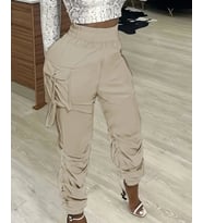 Kadın Yüksek Bel Beli Lastikli Kargo Cep Detaylı Gabardin Pantolon (Bej)