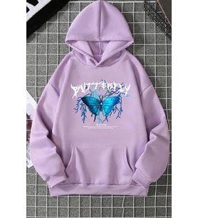 Unisex Blue Butterfly Baskılı Sweatshirt (Lila)