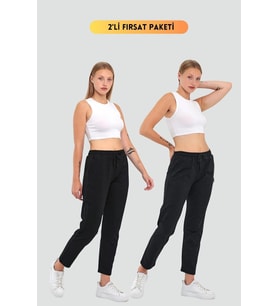 Kadın Siyah-Antrasit Regular Fit Düz Paça Beli Lastikli Bağcıklı 2'Li Eşofman Altı (Siyah-Antrasit)