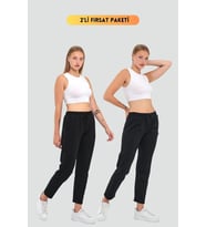 Kadın Siyah-Antrasit Regular Fit Düz Paça Beli Lastikli Bağcıklı 2'Li Eşofman Altı (Siyah-Antrasit)