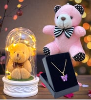 Tasarım Kelebek Kolye, Peluş Anahtarlık ve Led Işıklı Fanus Hediye Seti (Model 6)