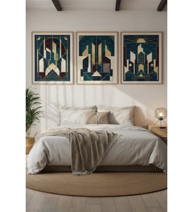 Art Deco Tarzı Geometrik Bina Desenli 3 Parçalı Ahşap Çerçeveli Tablo Seti