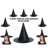 Siyah Renk Parlak Dralon Cadı Şapkası Yetişkin ve Çocuk Uyumlu 6 Adet