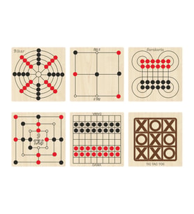 Ahşap Zeka ve Strateji Oyunu Seti 6 lı, Dama+3 Taş+9 Taş+Bihar+Surakarta ve Tic-Tac-Toe