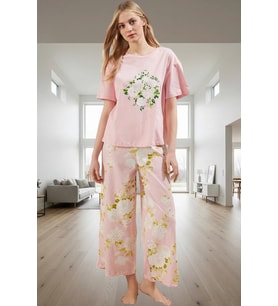 Kadın Pamuklu Çiçekli Pijama Takımı Rahat Ev Giyim Seti Özenle Seçilmiş Modern Stil (Pembe)