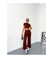 Osy Modal Yumuşak Dokulu Kumaş Kısa Kollu Crop Alt Ispanyol Paça Pantalon Ikili Takım - Kahverengi