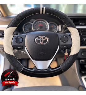 Toyota Corolla E170 Dikme Direksiyon Kılıfı Delikli Deri Parlak Siyah Bej Detay Çift Yüzük ve Dikiş 2013-2019