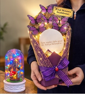Size Özel Led Işıklı Aynalı Kelebek Buketi & Renkli Led Işıklı Fanuslu (Model 8)