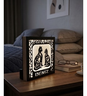 Kişiye Özel İsimli Kedi Figürlü LED Gece Lambası – Dekoratif Ahşap Çerçeve 14x14 cm