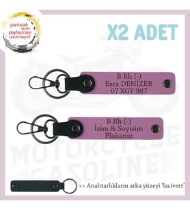 Yol Tutkunlarına, İsim Plaka ve B Rh (-) Kan Grubu Kişiselleştirilmiş Deri x2 Anahtarlık, Pembe-Laci (Çok Renkli)