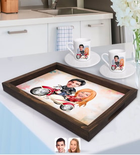 BK Gift Kişiye Özel Sevgililer Karikatürlü Doğal Ahşap Tepsi ve 2’li Kahve Fincan Seti-12